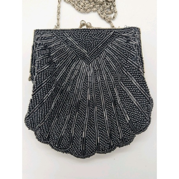 Vintage Whittall & Shon Black Beaded Shell Clutch -Art Deco Scallope Evening Bag - Picture 2 of 7
